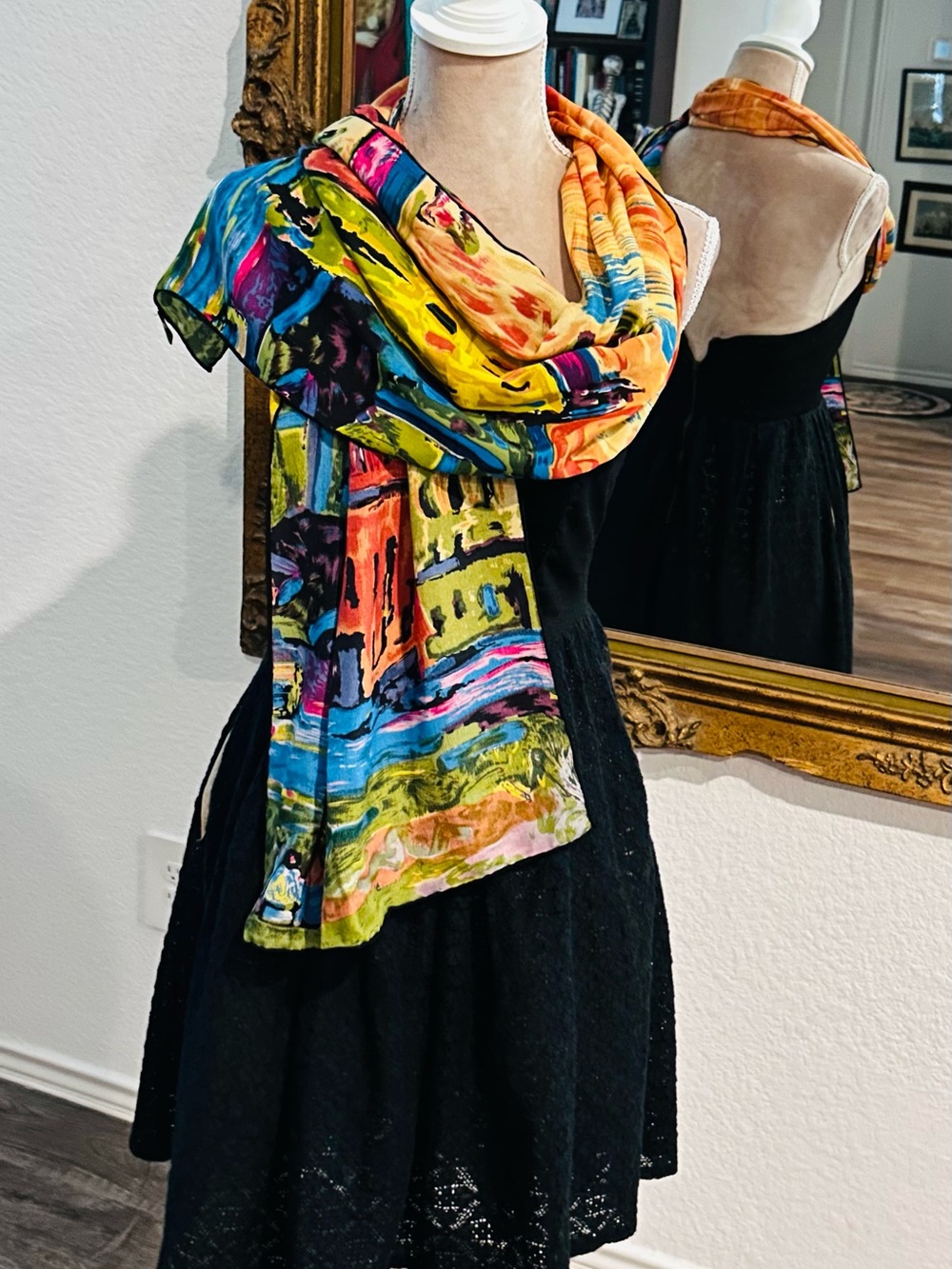 Silk Art Colorful Wrap Long Scarf 100% Silk 17x64 Artsy Eclectic Novelty Print
